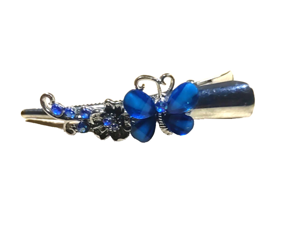 Hair Barrette Clip Blue Butterfly Rhinestone Silver Tone Small 3"